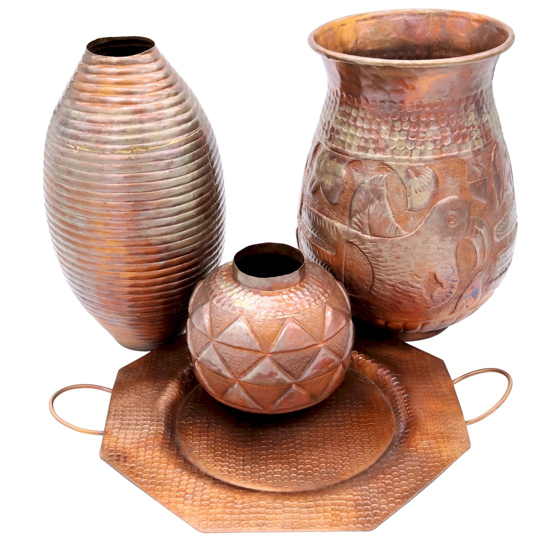 HAND ENGRAVED COPPER GOURD POTS & SERVING TRAY & ACOMA JAR & ACOMA VASE